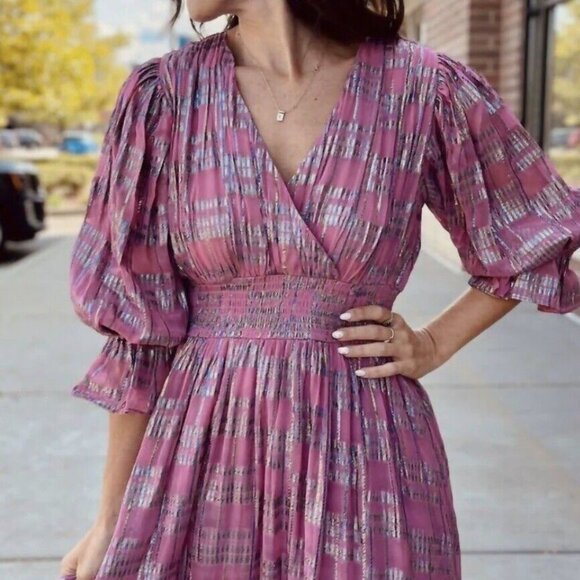 WKND WYFR Maddie Pink Metallic Lurex Ruffle Maxi Dress S